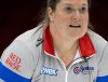 Northwest Territories lead Shona Barbour wears her Scotties diamond pendant during Scotties Tournament of Hearts action in Thunder Bay, Ont., on February 18, 2025. THE CANADIAN PRESS/Frank Gunn