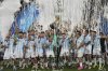 Players of Argentina's Racing Club celebrate with the Recopa Sudamericana trophy after beating Brazil's Botafogo in the final soccer match, in Rio de Janeiro, Thursday, Feb. 27, 2025. (AP Photo/Silvia Izquierdo)