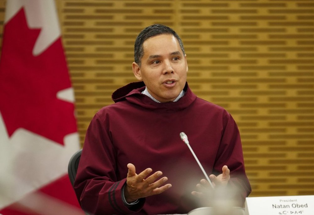President of the Inuit Tapiriit Kanatami Natan Obed joins Prime Minister Justin Trudeau as they co-chair a meeting of the Inuit-Crown Partnership Committee in Ottawa on Thursday, May 9, 2024. THE CANADIAN PRESS/Sean Kilpatrick