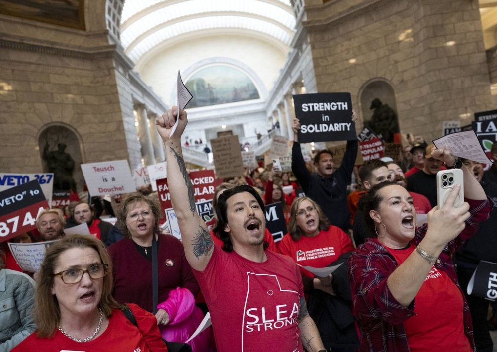 Union members attend a rally at the Capitol in Salt Lake City, Utah, on Friday, Feb. 7, 2025. (Laura Seitz/The Deseret News via AP)