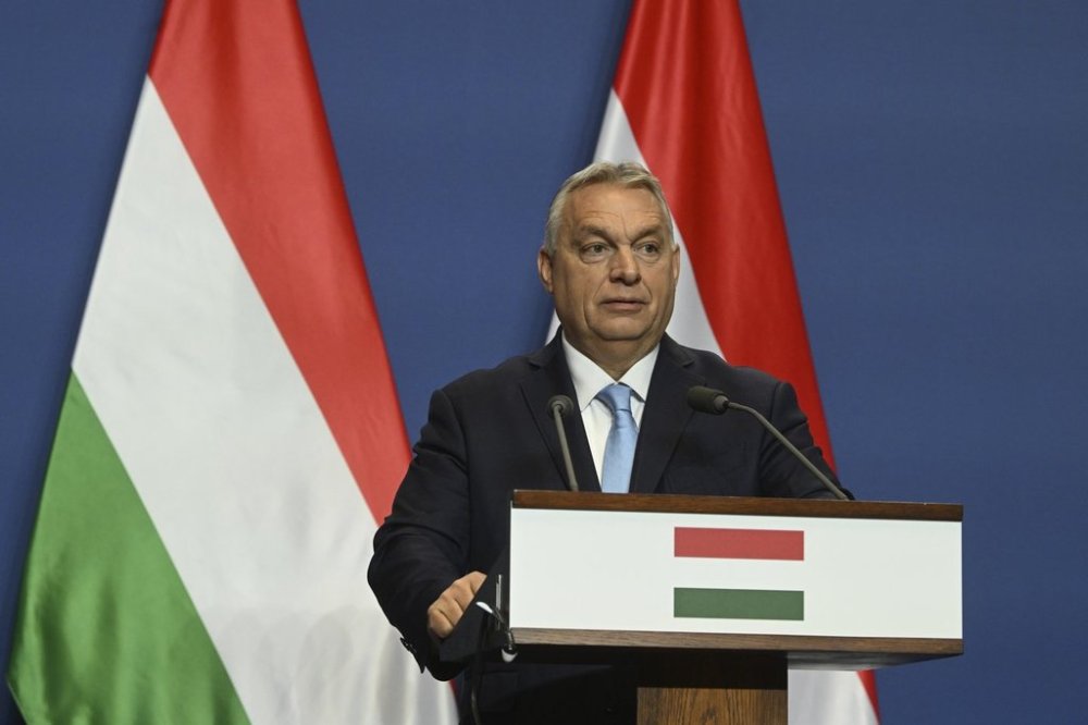 Hungarian Prime Minister Viktor Orban and Alice Weidel, the Alternative for Germany (AfD) party's candidate for chancellor, not pictured, hold a press conference following their meeting in the government headquarters in Budapest, Hungary, Wednesday, Feb. 12, 2025. (Szilard Koszticsak/MTI via AP)