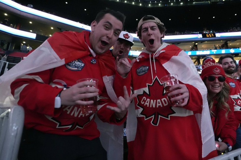Canadian fans rally prior to the 4 Nations Face-Off championship hockey game, Thursday, Feb. 20, 2025, in Boston. (AP Photo/Charles Krupa)