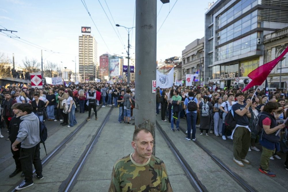 Students and citizens march to protest the deaths of 15 people killed in the November collapse of a train station canopy in Belgrade, Serbia, Friday, March 7, 2025. (AP Photo/Darko Vojinovic)