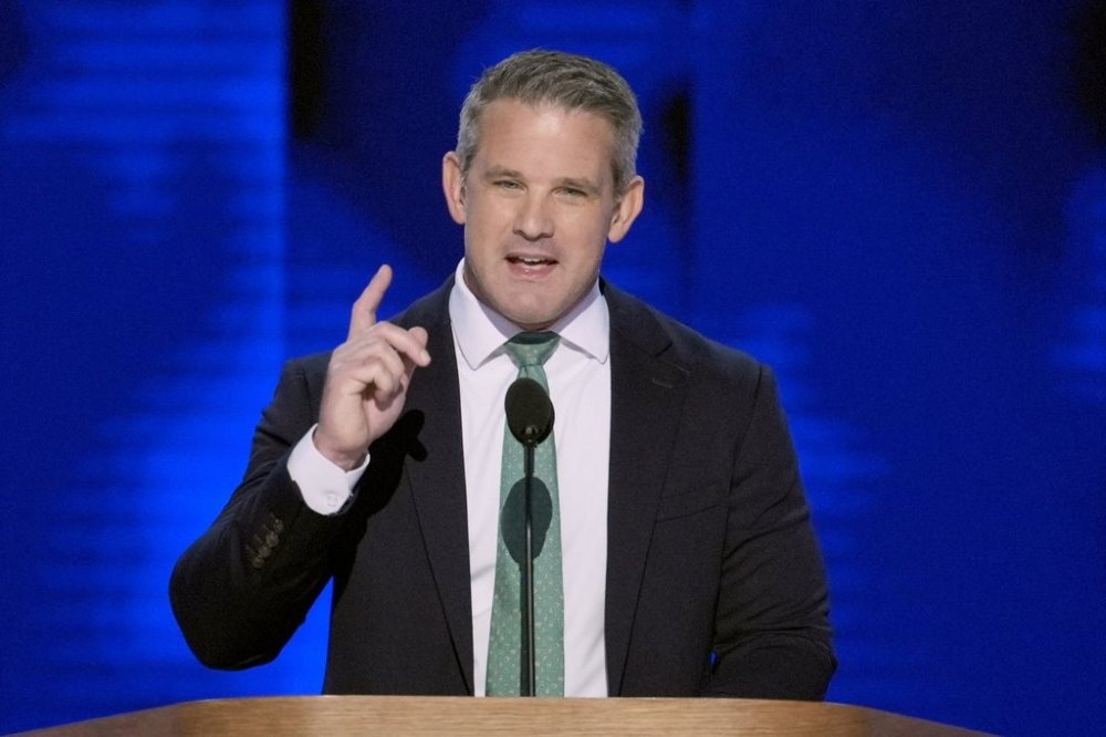 FILE - Former Republican Rep. Adam Kinzinger, of Illinois, speaks during the Democratic National Convention, Aug. 22, 2024, in Chicago. (AP Photo/J. Scott Applewhite, File)