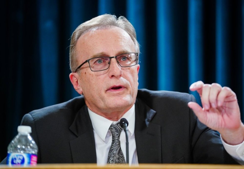 Saskatchewan Finance Minister Jim Reiter gestures while speaking during a press conference in Regina, on November 28, 2024. THE CANADIAN PRESS/Heywood Yu