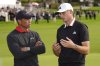 Ludvig Åberg, of Sweden, right, speaks with Tiger Woods after winning the Genesis Invitational golf tournament Sunday, Feb. 16, 2025, in San Diego. (AP Photo/Gregory Bull)
