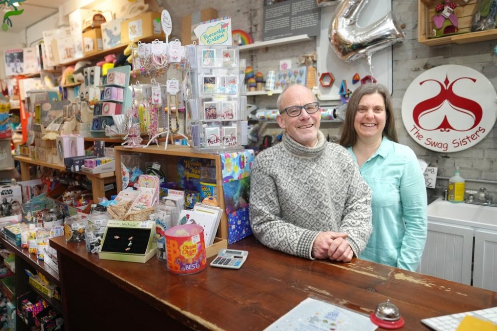 Guy Bagley and Erin Salisbury are photographed at The Swag Sisters' Toy Store in Toronto on Thursday, December 7, 2023. THE CANADIAN PRESS/Chris Young