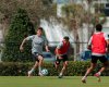 Midfielder Markus Cimermancic (left on the ball) is shown in training with Toronto FC in Palm Beach, Fla. on Wednesday, Feb. 19, 2025, The 20-year-old from Kitchener, Ont., after three seasons with Toronto FC 2, has signed a homegrown player contract with the first team. THE CANADIAN PRESS/HO-Toronto FC/Lucas Kschischang **MANDATORY CREDIT**