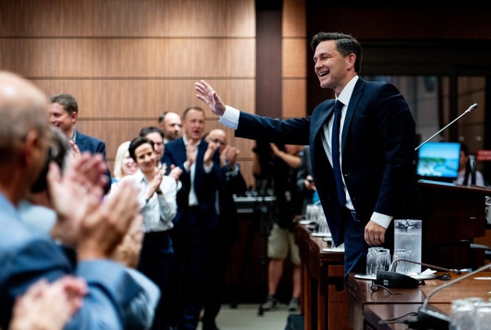 Conservative Leader Pierre Poilievre addresses his caucus on Parliament Hill in Ottawa, on Sunday, Sept. 15, 2024. Parliament is schedule to resume Monday following summer recess. THE CANADIAN PRESS/Spencer Colby