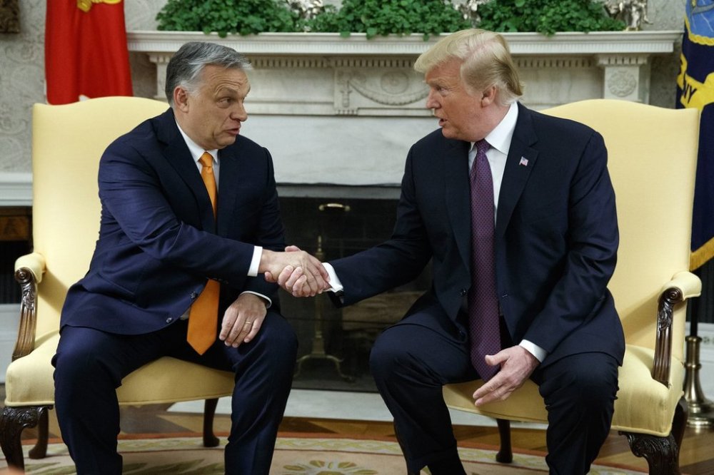 FILE - President Donald Trump shakes hands with Hungarian Prime Minister Viktor Orban in the Oval Office of the White House, May 13, 2019, in Washington. (AP Photo/Evan Vucci, File)