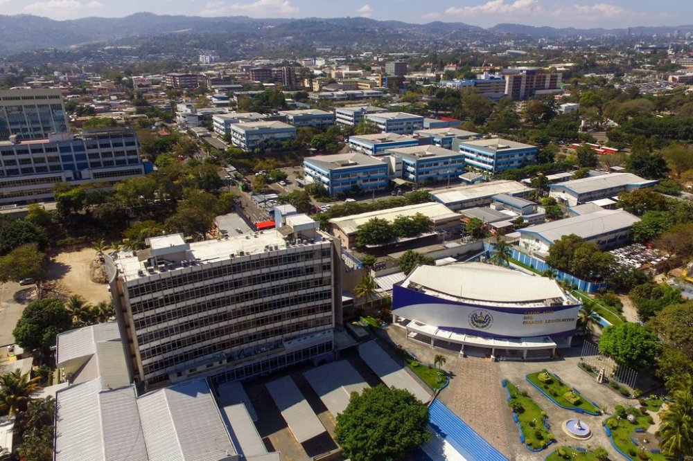 FILE - The Salvadoran Congress building is seen from the air in San Salvador, El Salvador, Feb. 9, 2020. (AP Photo/Salvador Melendez, File)
