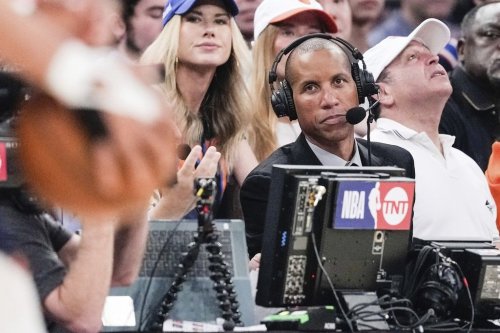 Broadcaster Reggie Miller works during the first half of Game 2 in an NBA basketball second-round playoff series between the New York Knicks and the Indiana Pacers, Wednesday, May 8, 2024, in New York. (AP Photo/Frank Franklin II)