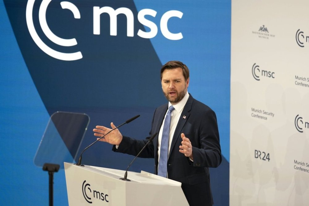 United States Vice-President JD Vance addresses the audience during the Munich Security Conference at the Bayerischer Hof Hotel in Munich, Germany, Friday, Feb. 14, 2025. (AP Photo/Matthias Schrader)