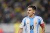 Argentina's Claudio Echeverri celebrates scoring his side's opening goal against Brazil, from the penalty spot, during a South American U-20 Championship final round soccer match in Caracas, Venezuela, Thursday, Feb. 13, 2025. (AP Photo/Matias Delacroix)