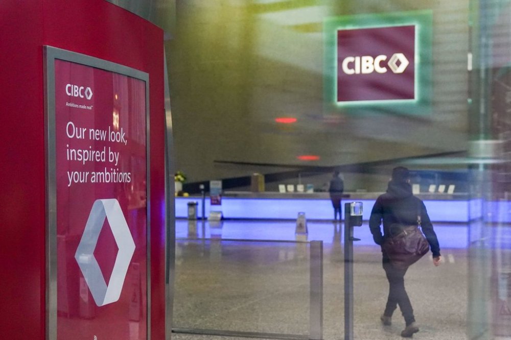 The CIBC logo displayed in the lobby of its headquarters in Toronto on Monday, Oct. 25, 2021. THE CANADIAN PRESS/Evan Buhler