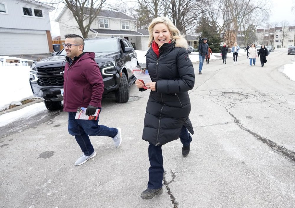Ontario Liberal Leader Bonnie Crombie and Mississauga councillor Alvin Tedjo canvass a riding in Mississauga, Ont., on Saturday, Feb. 8, 2025. THE CANADIAN PRESS/Nathan Denette