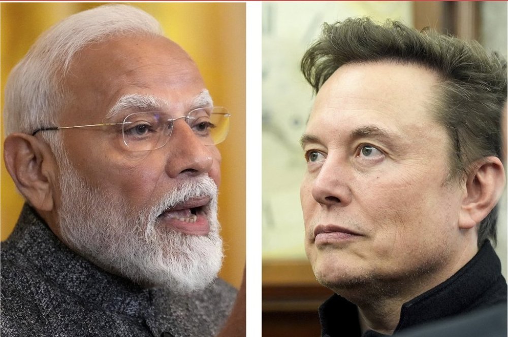 This Thursday, Feb. 13, 2025 combination photos show, on left, India's Prime Minister Narendra Modi speaking during a news conference with President Donald Trump in the East Room of the White House, and on right, Elon Musk listening as President Donald Trump meets with India's Prime Minister Narendra Modi in the Oval Office of the White House, in Washington.(AP Photos/Ben Curtis and Alex Brandon)
