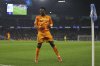 Real Madrid's Vinicius Junior reacts during the Champions League playoff first leg soccer match between Manchester City and Real Madrid at the Etihad Stadium in Manchester, England, Tuesday, Feb. 11, 2025. (AP Photo/Darren Staples)