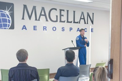 Astronaut Jeremy Hansen visits Magellan Aerospace, Winnipeg, to discuss the upcoming Artemis launch with the team.