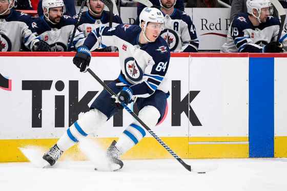 Winnipeg Jets defenceman Logan Stanley (64) had nine shots on goal, an assist and is a rock-solid plus-four in that span while averaging about 14 minutes a game over the last eight games. (AP Photo/Nick Wass)