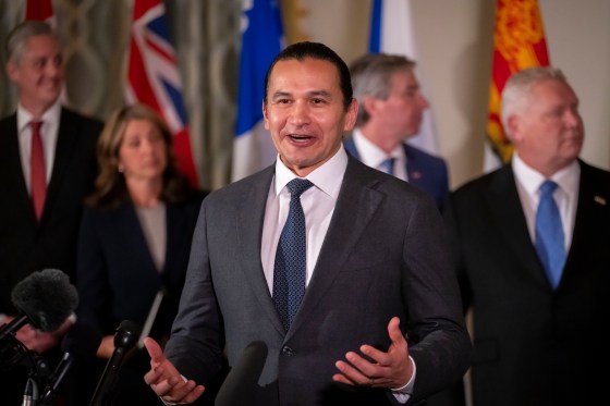 “The purpose of the trip here is not for us to come down and try to issue ultimatums and things like that,” Premier Wab Kinew said in Washington on Wednesday. (Ben Curtis / The Associated Press)