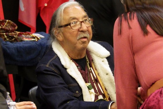 Leonard Peltier greets well-wishers during a welcome event on Feb. 19 at the Sky Dancer Casino Resort near Belcourt, N.D. (Jack Dura/The Associated Press files)