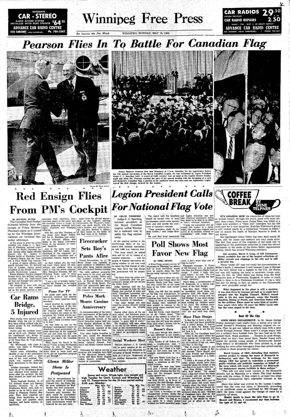 The front page of the Winnipeg Free Press on May 18, 1964.