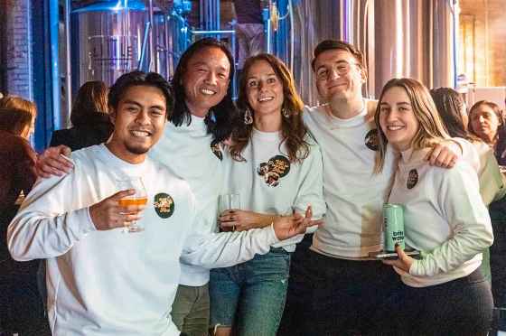 Arnold Calambacan, Steven Pham, Erin Golin, Matthew Wallis are and Sophie Bisonnette are the founders of We’re Friends Now. The volunteers curate laid-back events where making new friends feels easy. They are pictured at their first event at Little Brown Jug Brewing Co. in November 2024. (Maryna Ivashyna photo)
