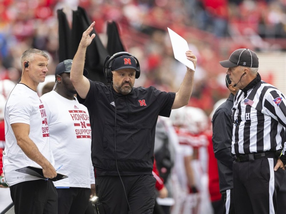 FILE - Nebraska head coach Matt Rhule, center, celebrates after a pass reception was confirmed by review against UCLA during the first half of an NCAA college football game, Nov. 2, 2024, in Lincoln, Neb. (AP Photo/Rebecca S. Gratz, file)