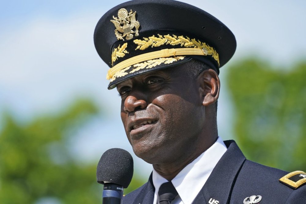 FILE - Virginia Military Institute Superintendent, Cedric T. Wins, addresses the class of 2021 during a change of command parade and ceremony on the parade grounds at the school in Lexington, Va., Friday, May 14, 2021. (AP Photo/Steve Helber, File)