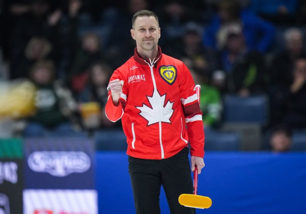 Canada skip Brad Gushue celebrates after scoring three against Saskatchewan with his final rock in the fourth end during the final at the Brier in Regina on Sunday, March 10, 2024. THE CANADIAN PRESS/Darryl Dyck