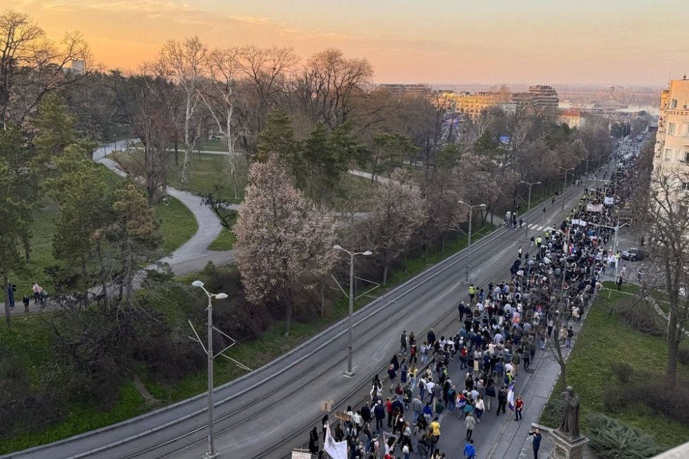 Students and citizens march to protest the deaths of 15 people killed in the November collapse of a train station canopy in Belgrade, Serbia, Friday, March 7, 2025. (AP Photo/Jovana Gec)