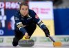 Nova Scotia skip Christina Black delivers a rock in Scotties Tournament of Hearts curling action against Ontario in Thunder Bay, Ont. on Saturday, February 15, 2025. THE CANADIAN PRESS/Frank Gunn