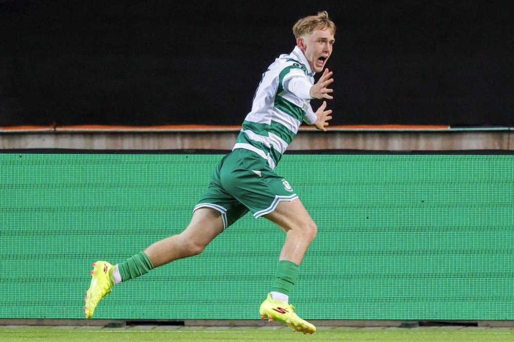 Shamrock Rovers' Michael Noonan celebrates after scoring the opening goal during the Europa Conference League football match between Molde and Shamrock Rovers at Aker Stadium, in Molde, Norway, Thursday Feb. 13, 2025. (Svein Ove Ekornesvag/NTB Scanpix via AP)