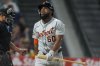 FILE - Detroit Tigers' Akil Baddoo reacts after striking out swinging during the eighth inning of the team's baseball game against the Los Angeles Angels, Thursday, June 27, 2024, in Anaheim, Calif. (AP Photo/Ryan Sun, File)