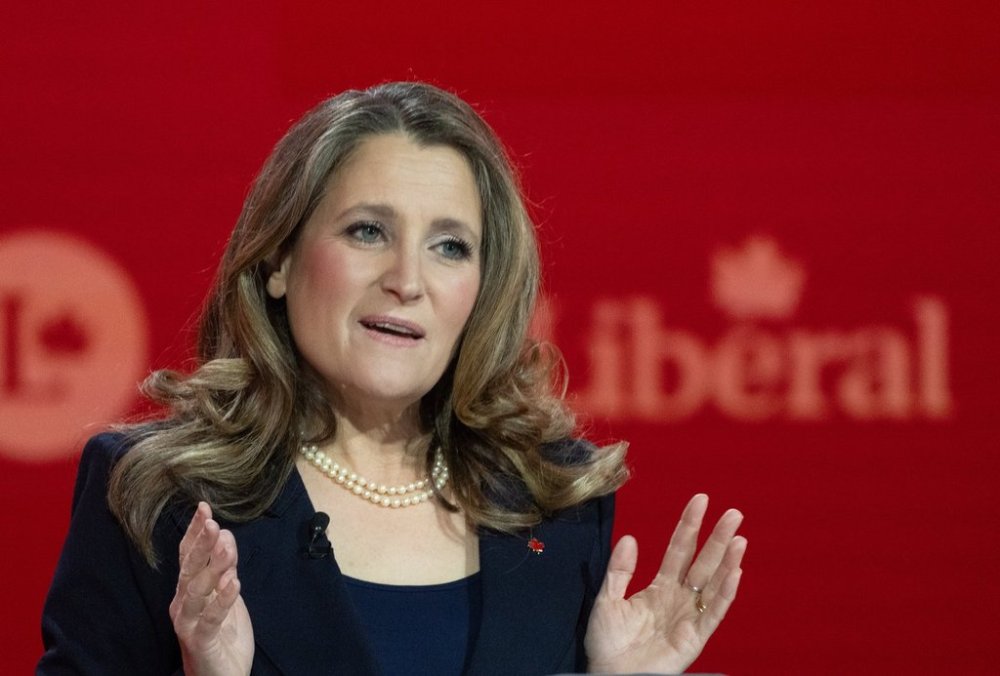 Liberal Party of Canada leadership candidate Chrystia Freeland speaks during the English-language Liberal Leadership debate in Montreal on Tuesday, Feb. 25, 2025. Freeland appeared on