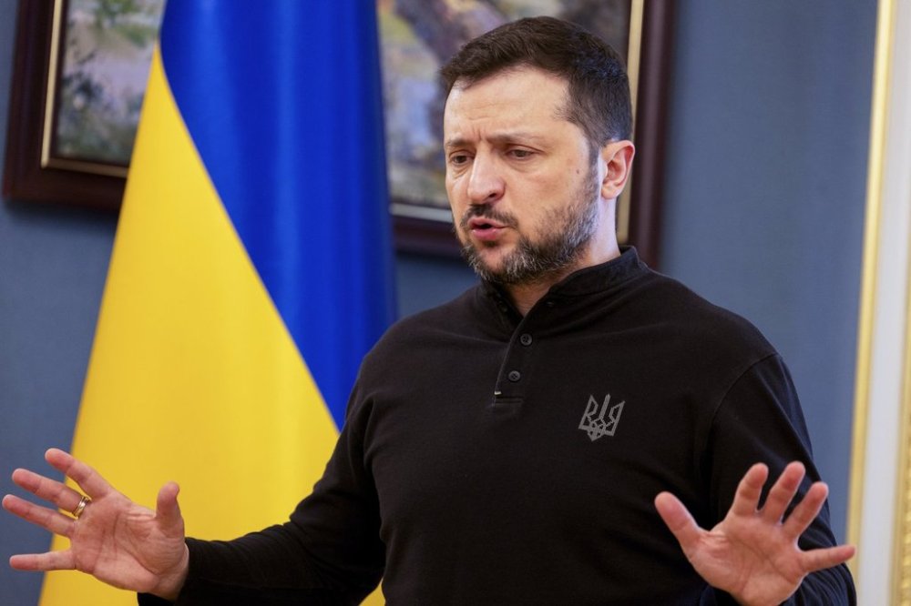 Ukraine's President Volodymyr Zelensky gives a press conference in Kyiv, Wednesday, Feb. 19, 2025. (Tetiana Dzhafarova/Pool Photo via AP)