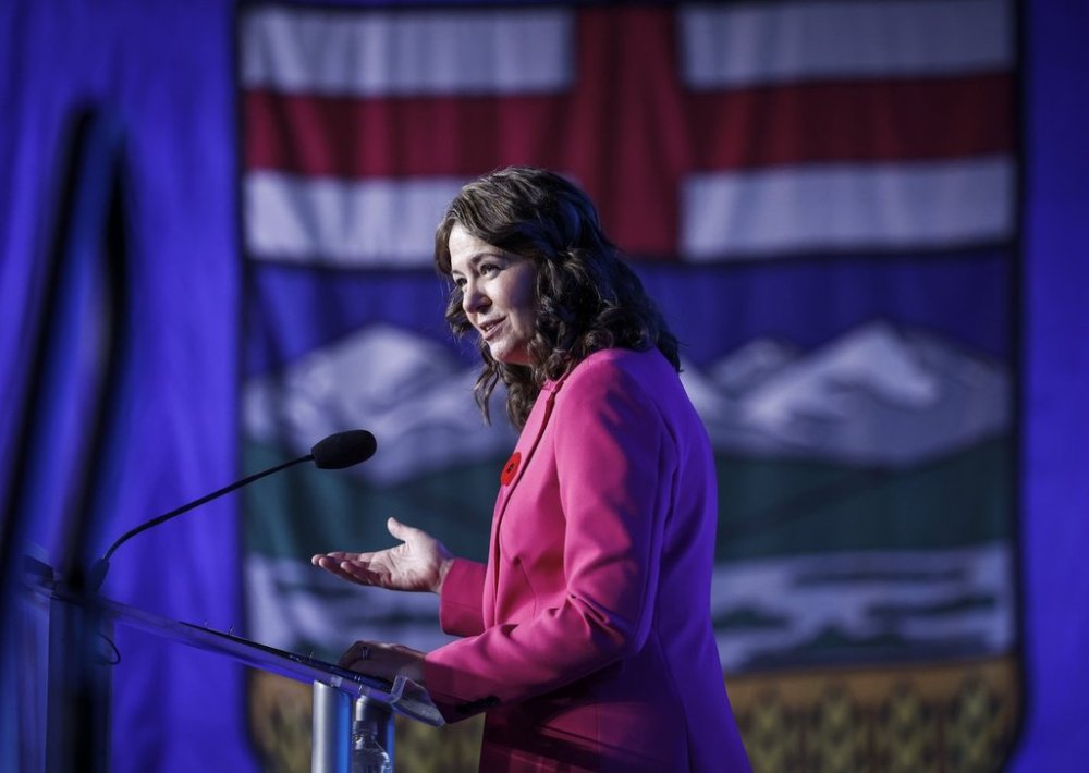 United Conservative Party leader Danielle Smith addresses party members at their annual meeting in Red Deer, Alta., Saturday, Nov. 2, 2024.THE CANADIAN PRESS/Jeff McIntosh
