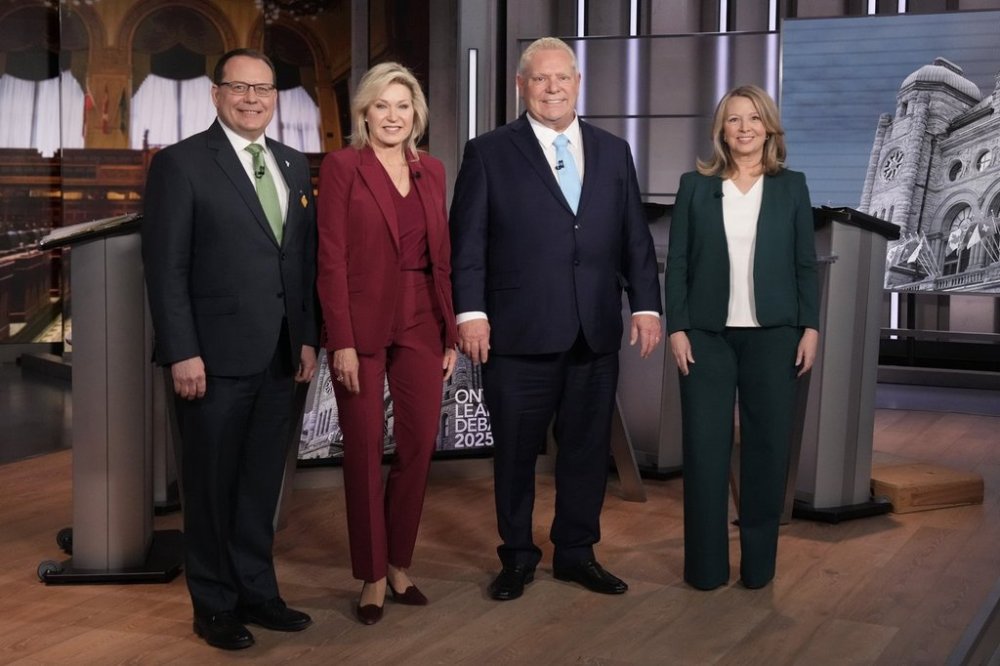 Ontario Green Party Leader Mike Schreiner, left to right, Ontario Liberal Leader Bonnie Crombie, Ontario PC Leader Doug Ford, and Ontario NDP Leader Marit Stiles pose for a photo before the Ontario Leaders' debate at CBC's Broadcast Centre, in Toronto on February 17, 2025. THE CANADIAN PRESS/Chris Young