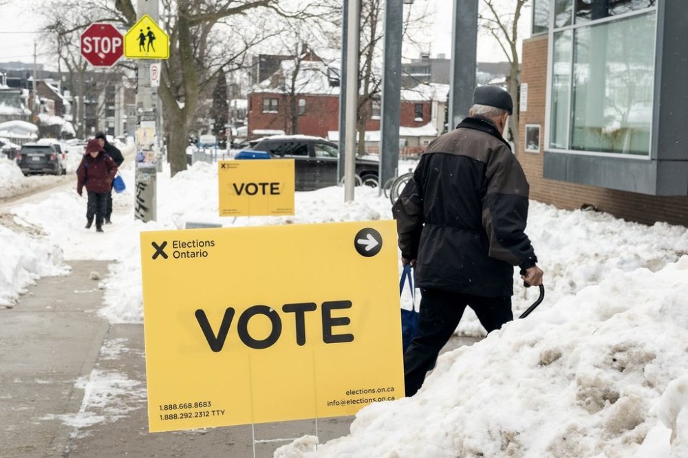 Signage from Elections Ontario, the non-partisan office of the Legislative Assembly of Ontario responsible for administering provincial elections, is seen at a polling station in Toronto, Thursday, Feb. 20, 2025. THE CANADIAN PRESS/Giordano Ciampini