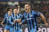 Brugge's Ferran Jutgla celebrates after scoring the opening goal against Atalanta during the Champions League playoff first leg soccer match between Club Brugge and Atalanta at the Jan Breydel Stadium in Bruges, Belgium, Wednesday, Feb. 12, 2025. (AP Photo/Geert Vanden Wijngaert)