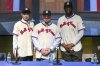Newly elected Baseball Hall of Fame inductee Ichiro Suzuki, left, Billy Wagner, center, and CC Sabathia pose for photo during a news conference Thursday, Jan. 23, 2025, in Cooperstown, N.Y. (AP Photo/Hans Pennink)