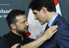 Ukrainian President Volodymyr Zelenskyy and Canadian Prime Minister Justin Trudeau talk after holding a closing press conference following the Ukraine peace summit at the Burgenstock Resort in Obburgen, Switzerland on Sunday, June 16, 2024. Trudeau is to be in Kyiv again Monday with a dozen other world leaders. THE CANADIAN PRESS/Sean Kilpatrick