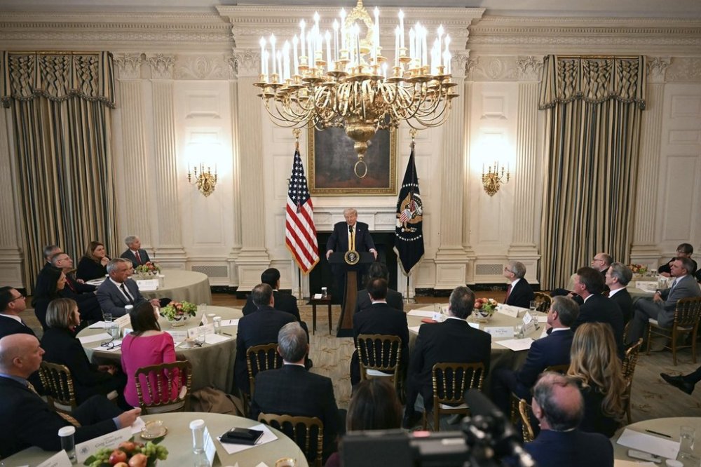 President Donald Trump speaks at the Governors Working Session in the State Dining Room of the White House in Washington, Friday, Feb. 21, 2025. (Pool via AP)
