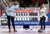 Quebec skip Laurie St-Georges (left) and Manitoba skip Kaitlyn Lawes stand in front of the scoreboard in the 9th end of Scotties Tournament of Hearts curling action in Thunder Bay, Ont. on Saturday, Feb. 15, 2025. St.-Georges set a record with 7 steals in a row in the draw. THE CANADIAN PRESS/Frank Gunn