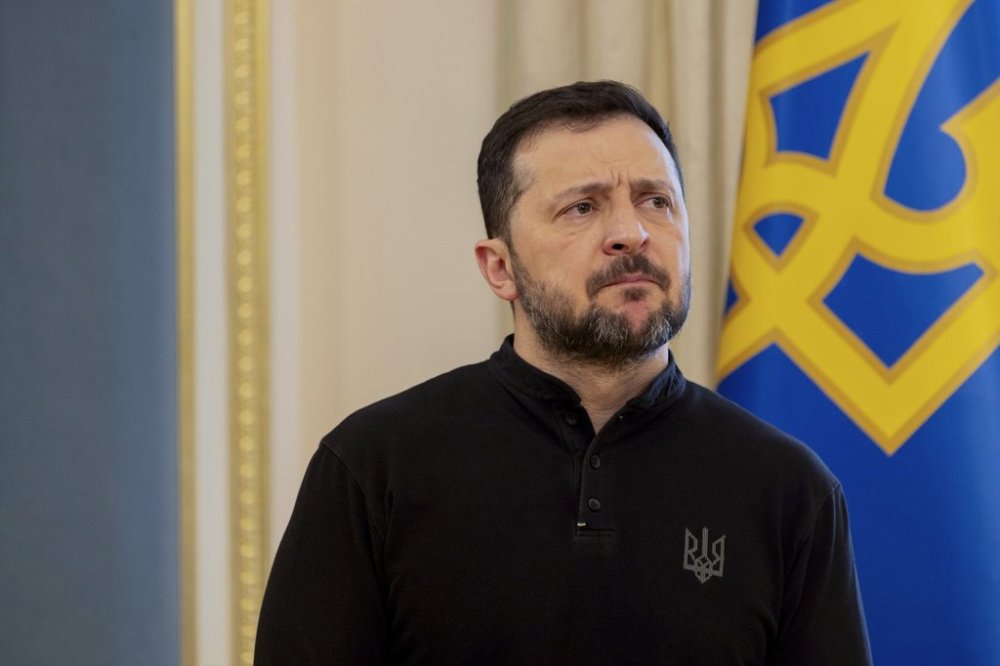 Ukraine's President Volodymyr Zelensky gives a press conference in Kyiv, Wednesday, Feb. 19, 2025. (Tetiana Dzhafarova/Pool Photo via AP)