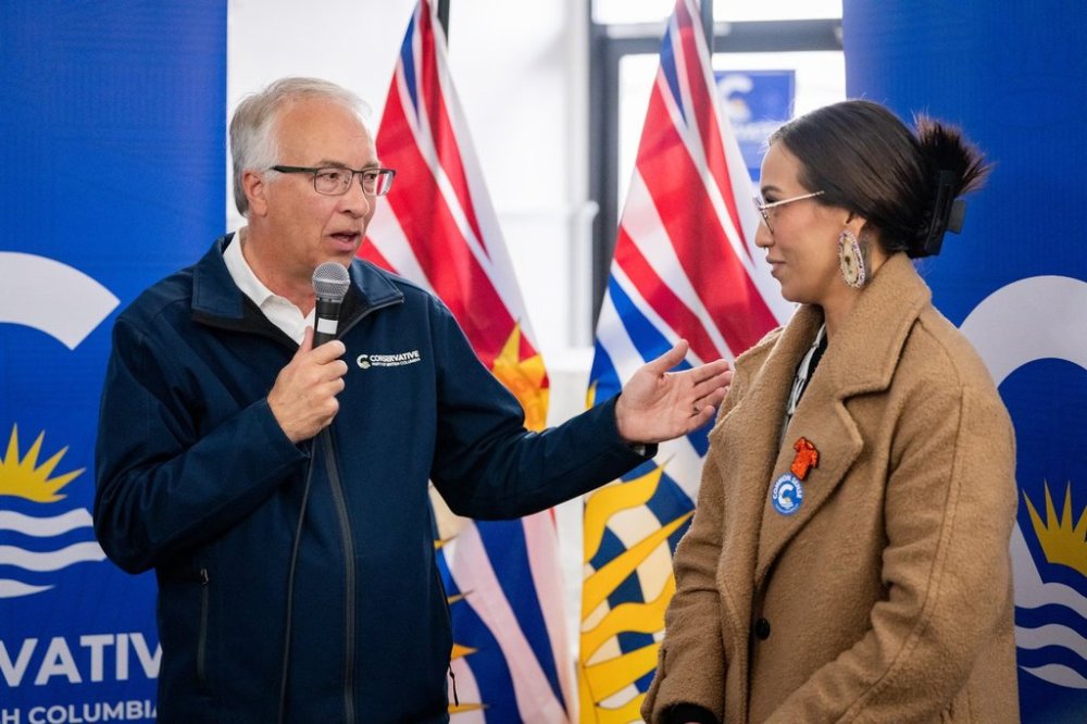 Conservative Leader John Rustad speaks alongside Chilliwack-Cultus Lake Conservative candidate A'aliya Warbus at a campaign office in Chilliwack B.C., on Oct. 17, 2024. The House Leader of the Opposition B.C. Conservatives has described the personal impact of the province's toxic drug crisis, which has claimed the lives of two of her brothers, a niece and a nephew, as she renews calls for a public inquiry. THE CANADIAN PRESS/Ethan Cairns