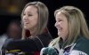 Team Ontario skip Rachel Homan shares a laugh with Team Wild Card skip Jennifer Jones during semifinal action at the Scotties Tournament of Hearts in Moose Jaw, Sask., Sunday, February 23, 2020. THE CANADIAN PRESS/Jonathan Hayward