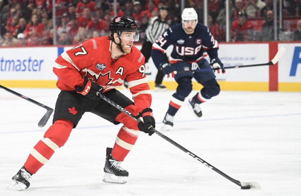 Canada's Connor McDavid (97) skates on his way to scoring against the United States during first period 4 Nations Face-Off hockey action in Montreal, Saturday, Feb. 15, 2025. THE CANADIAN PRESS/Graham Hughes