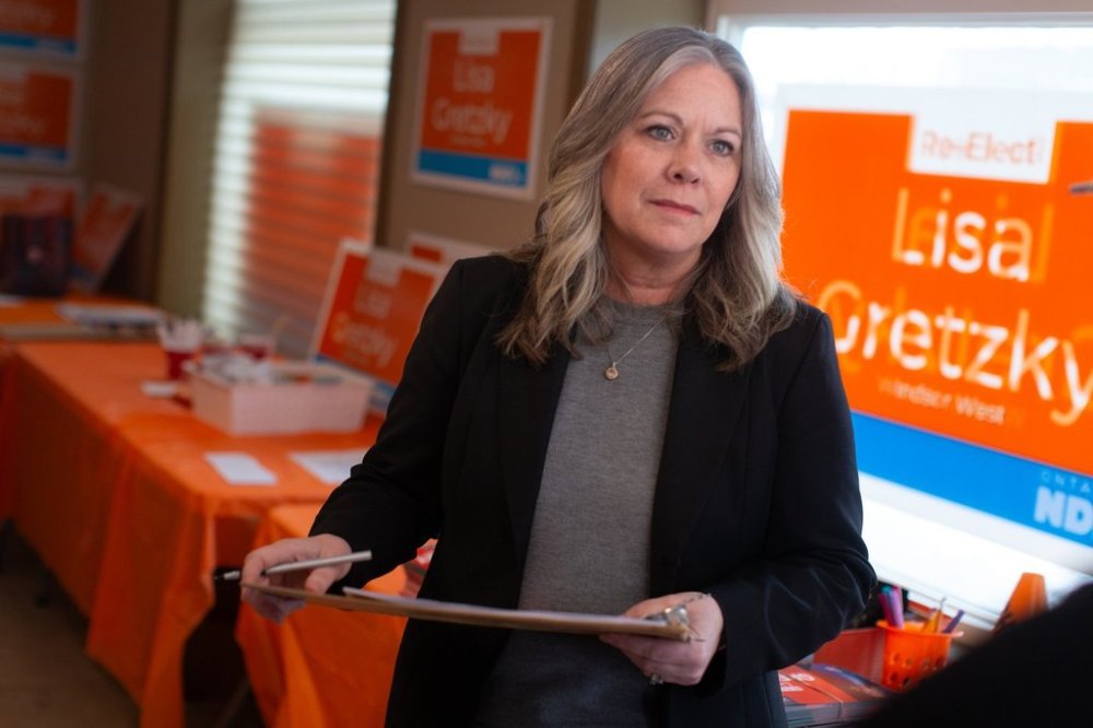 Ontario NDP candidate for Windsor-West Lisa Gretzky works at her campaign office in Windsor, Ont. on Wednesday, Feb. 19, 2025. THE CANADIAN PRESS/Dax Melmer